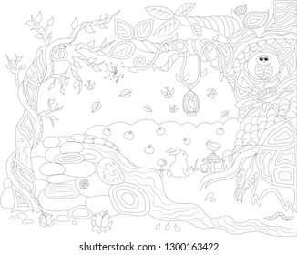 Black and white drawing of a forest for coloring