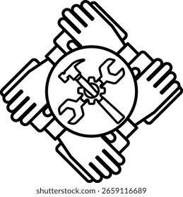 Un dibujo en blanco y negro de cuatro manos sosteniendo un martillo y una llave inglesa. Concepto de trabajo en equipo y colaboración