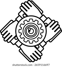 Un dibujo en blanco y negro de cuatro manos sosteniendo un engranaje. Las manos tienen forma de diamante y el engranaje está en el centro. Concepto de trabajo en equipo y colaboración