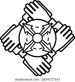 Un dibujo en blanco y negro de cuatro manos sosteniendo un círculo con flechas que apuntan en diferentes direcciones. Concepto de unidad y colaboración, ya que las manos están trabajando juntas para crear algo