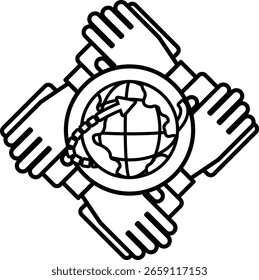 A black and white drawing of four hands holding a globe. The globe is surrounded by the hands and is located in the center of the image. Concept of unity and collaboration