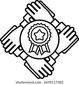 Um desenho em preto e branco de quatro mãos segurando uma estrela e uma fita. O desenho transmite a ideia de trabalho em equipe e colaboração