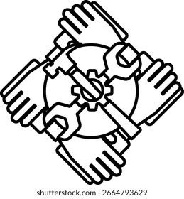 Un dibujo en blanco y negro de cuatro manos sosteniendo un engranaje. Las manos son de diferentes tamaños y se colocan de diferentes maneras. Concepto de trabajo en equipo y colaboración