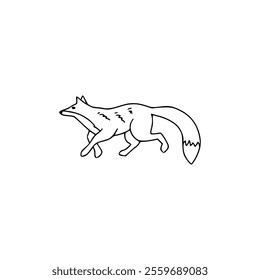A black and white drawing of a fox running