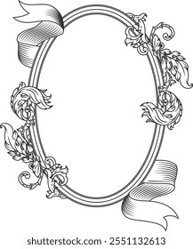 A black and white drawing of a frame with a ribbon around it