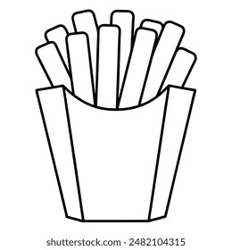 A black and white drawing of french fries in a paper bag