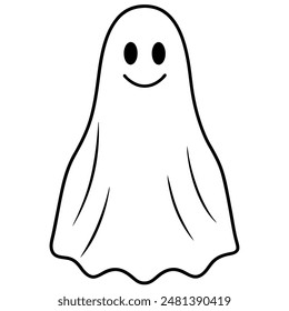 Un dibujo en blanco y negro de un fantasma amigable con una expresión alegre