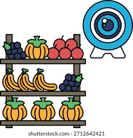 A black and white drawing of a fruit stand with a camera in the background. The fruits include bananas, apples, and oranges