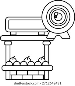 Un dibujo en blanco y negro de un puesto de frutas con una cámara en el centro. La cámara está rodeada de manzanas y naranjas
