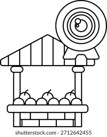 Um desenho preto e branco de um suporte de frutas com uma câmera no centro. A câmera é um símbolo de capturar momentos e memórias. A banca de frutas representa a frescura