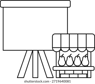 Un dibujo en blanco y negro de un puesto de frutas con un cartel que dice "Fruta fresca". El soporte está configurado con una mesa y una pantalla de proyector detrás de él. Concepto de frescura y salud
