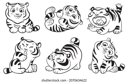 Black and white drawing of funny little tiger. Symbol of the Chinese New Year. Cartoon characters. Funny vector illustration. Isolated on white background. Coloring book or tattoo. Set