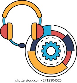 Eine schwarz-weiße Zeichnung eines Zahnrads mit einem Headset darauf. Die Zeichnung vermittelt die Idee von Technologie und Kommunikation