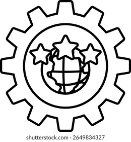 A black and white drawing of a gear with three stars and a globe. The globe is surrounded by the stars and the gear is the center of the image. Concept of progress and achievement