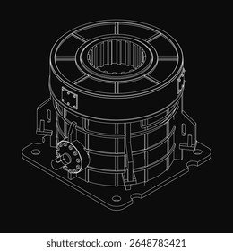 A black and white drawing of a gearbox reducer with intricate mechanical details, featuring a motor, gears, and symmetrical components. The stark contrast against the black background emphasizes.