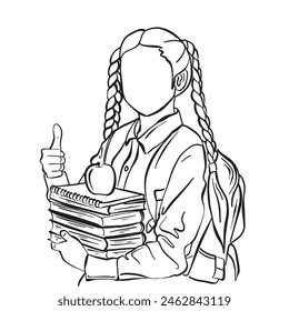 A black and white drawing of a girl holding a book and giving a thumbs up gesture.