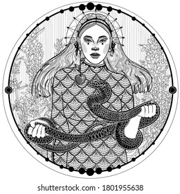 black and white drawing A girl holds a snake in her arms, a snake reaches for an apple