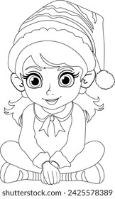 Black and white drawing of a girl wearing a Santa hat.