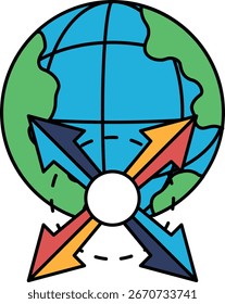 Un dibujo en blanco y negro de un globo terráqueo con flechas que apuntan a la parte superior izquierda, superior derecha, inferior izquierda e inferior derecha