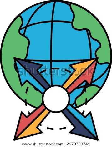 A black and white drawing of a globe with arrows pointing to the top left, top right, bottom left and bottom right
