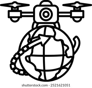 A black and white drawing of a globe with a drone on top of it. The camera is pointing towards the bottom of the globe