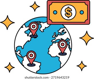 Un dibujo en blanco y negro de un globo terráqueo con cuatro pines y un billete de un dólar en el centro