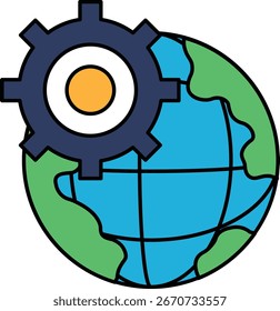 A black and white drawing of a globe with a gear on it. The globe is surrounded by a circle, which is the gear. Concept of the world being a complex system with many interconnected parts