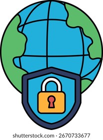 A black and white drawing of a globe with a lock on it. The globe is surrounded by a shield, and the lock is on the shield. Concept of security and protection, as the lock