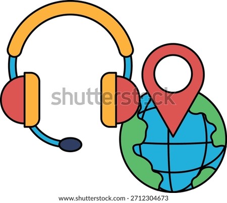A black and white drawing of a globe with a microphone on top of it. The globe is surrounded by a circle with a small arrow pointing to a location. The drawing conveys the idea of communication