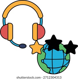 Un dibujo en blanco y negro de un globo terráqueo con un par de auriculares y tres estrellas. Los auriculares y las estrellas se colocan en el globo, que está rodeado por un fondo blanco