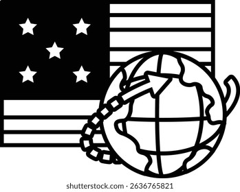 A black and white drawing of a globe with a star and the American flag in the background. The globe is pointing upwards, symbolizing the idea of progress and growth
