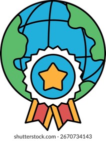 Eine schwarz-weiße Zeichnung eines Globus mit einem Stern darauf. Der Globus ist von einem Band umgeben, und der Stern ist in der Mitte des Bandes. Die Zeichnung vermittelt ein Gefühl von Leistung und Anerkennung