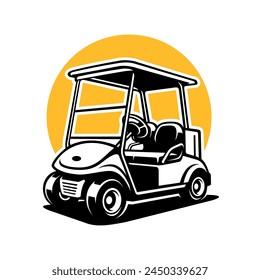 a black and white drawing of a golf cart with a yellow sun in the background.