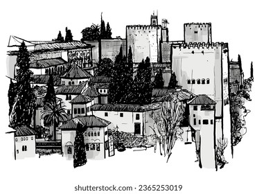 Black and white drawing of Granada in Spain - vector illustration (Ideal for printing, poster or wallpaper, house decoration) 
