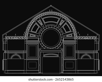 Um desenho em preto e branco de uma grande igreja ou catedral com um proeminente arco circular. Elementos arquitetônicos detalhados incluem colunas ornamentadas, arcos intrincados e pedras elaboradas.