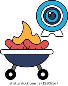 Un dibujo en blanco y negro de una parrilla con una cámara encima. La cámara apunta a la parrilla, que está llena de perritos calientes. La escena es lúdica y divertida