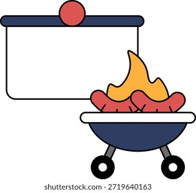 Un dibujo en blanco y negro de una parrilla con un fuego encima y un letrero detrás. El letrero detrás de la parrilla es un tablero blanco en blanco