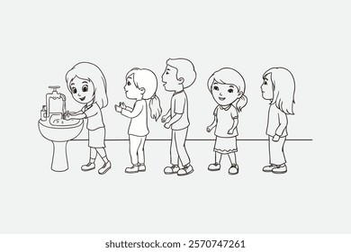 Black and white drawing of a group of children practicing hygiene by washing hands in single file at a sink.