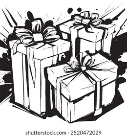 A black and white drawing of a group of gift boxes abstract pattern design monochrome distressed