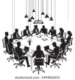 a black and white drawing of a group of people sitting around a round table.