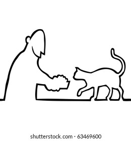 Black and white drawing of a guy giving a bowl of food to his pet cat.