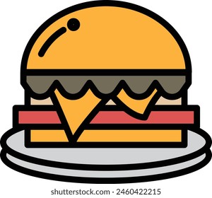 A black and white drawing of a hamburger with cheese on top. The burger is sitting on a plate