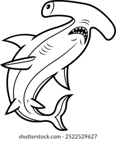 Black and white drawing of a hammerhead shark. Cartoon style. Clipart. outline