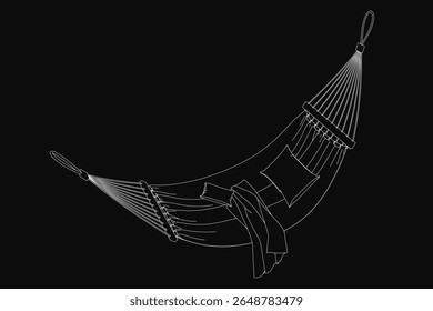 Um desenho preto e branco de uma rede suspensa no ar, com um travesseiro macio para o conforto. O design minimalista contrasta fortemente com o fundo escuro, criando um visual impressionante.