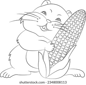 black and white drawing  hamster with corn