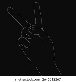 Um desenho preto e branco de uma mão formando um sinal de paz se destaca contra um fundo escuro. O design minimalista enfatiza a simplicidade e a harmonia. Linhas limpas e alto contraste criam um negrito.