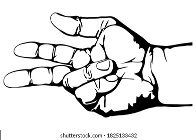 Dibujo en blanco y negro. Una mano con tres dedos extendidos, incluyendo el pulgar.