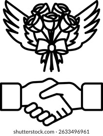 Un dibujo en blanco y negro de un apretón de manos entre dos personas con un ramo de rosas en el fondo