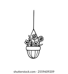 A black and white drawing of a hanging flower pot