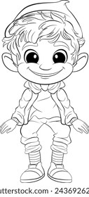 Black and white drawing of a happy elf child.